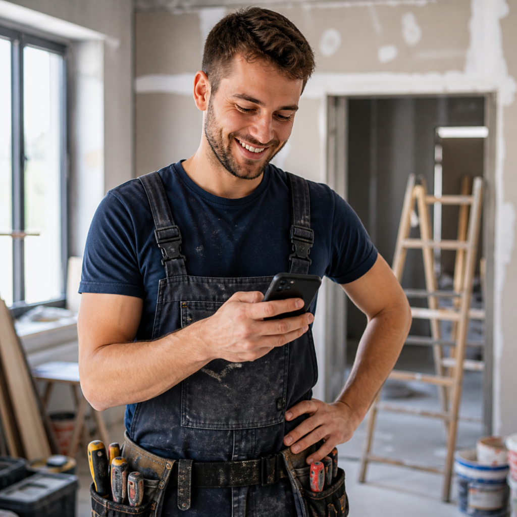 Junger Handwerker auf einer Baustelle schaut auf sein Smartphone und prüft ein Stellenangebot im Handwerk – moderner Facharbeiter bei der digitalen Jobsuche im Handwerksbetrieb.